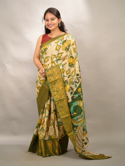 Green Kanchi border Kalamkari chennur silk saree