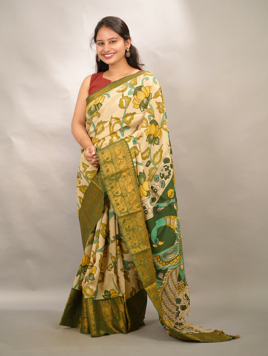 Green Kanchi border Kalamkari chennur silk saree | Looms & Tassels
