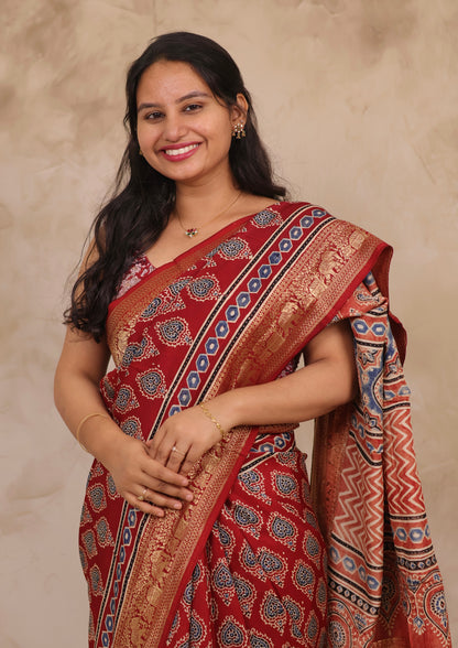 Maroon Butta Ajrakh Handblock printed Dola Silk Saree | Looms & Tassels