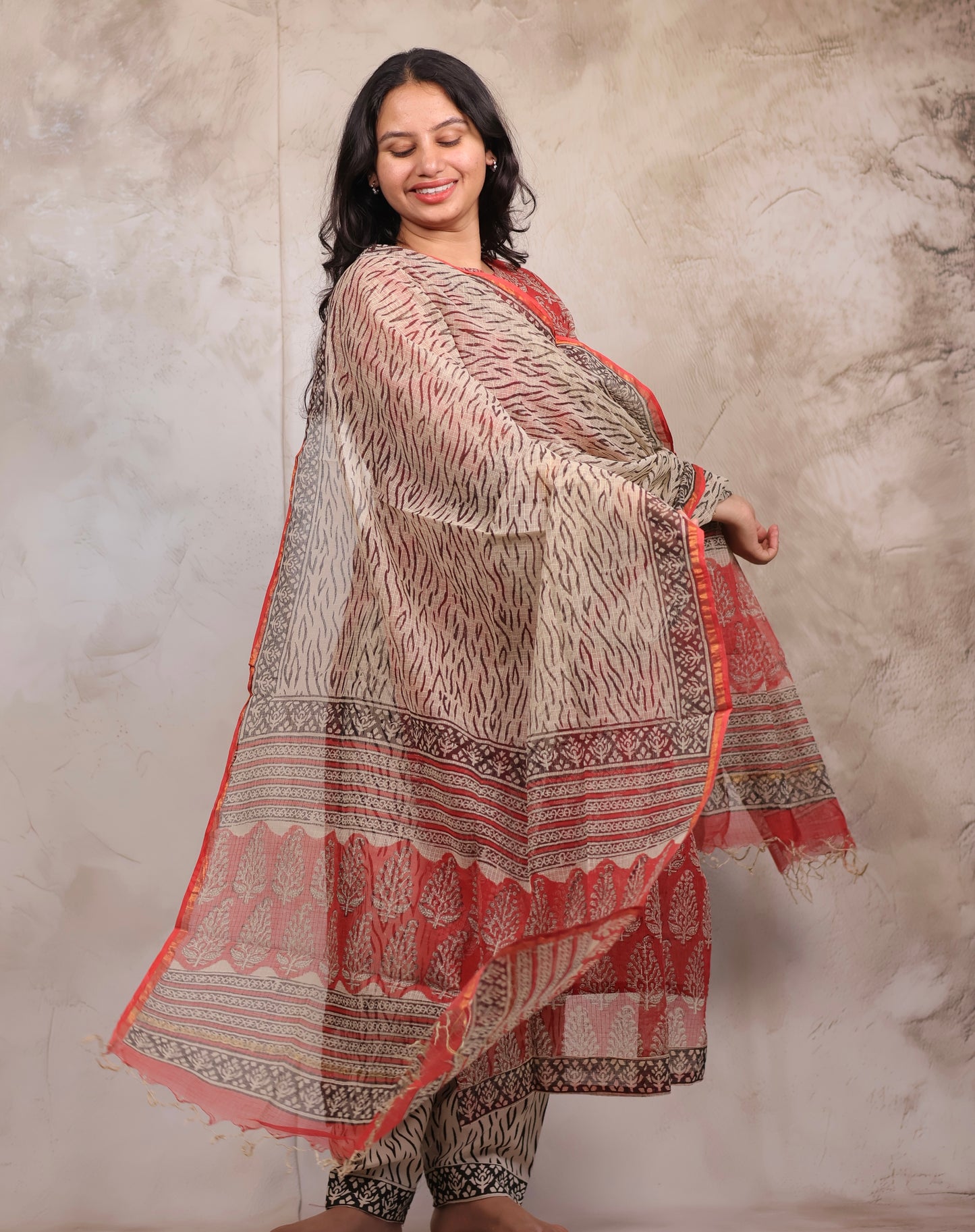 Red Handblock printed kota 3 piece suit (stitched)