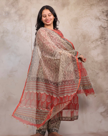 Red Handblock printed kota 3 piece suit (stitched)