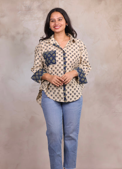 Cream Ajrakh Handblock Printed Patch Work Shirt (Pure Cotton ) | Looms & Tassels