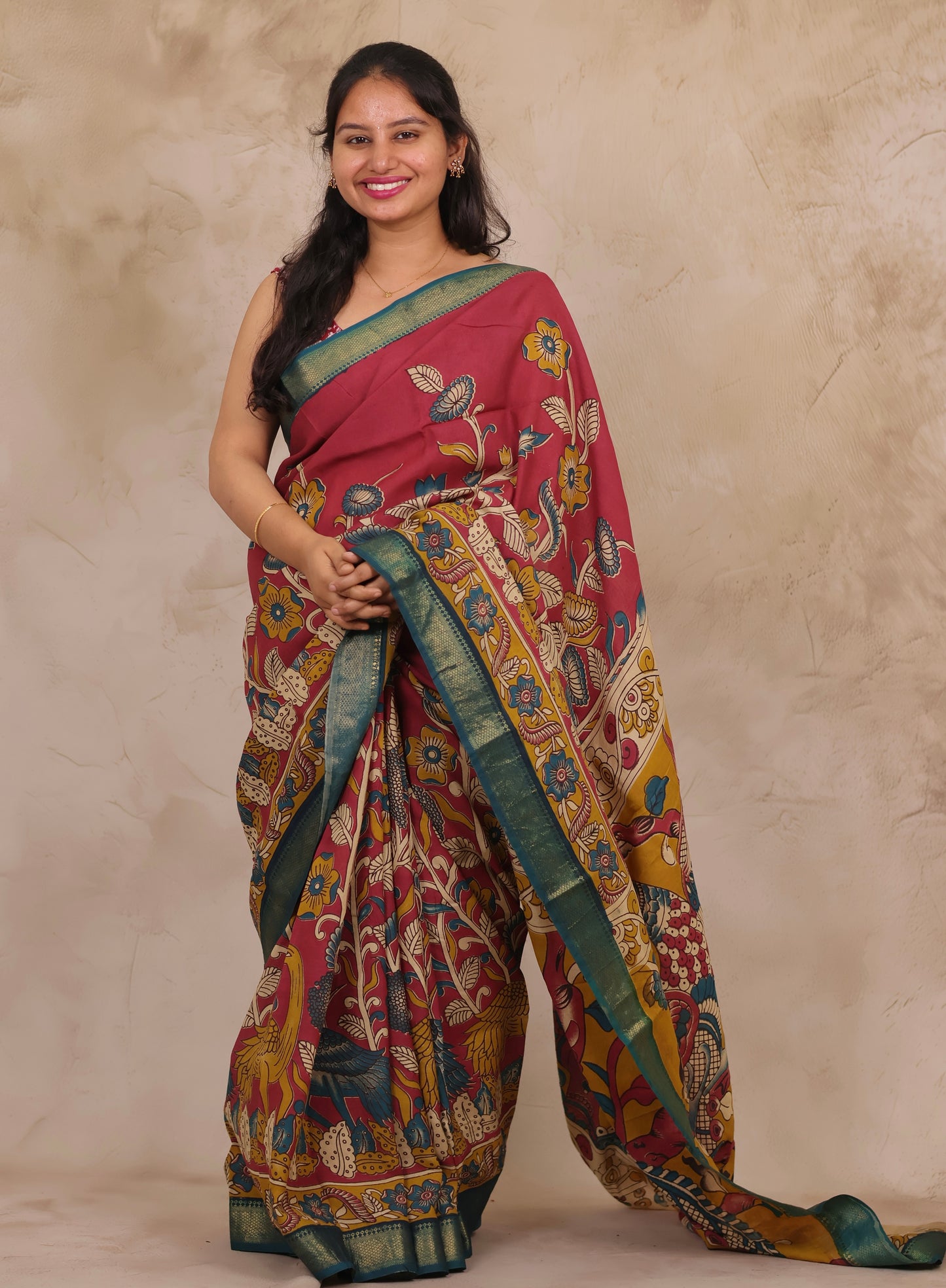 Magenta Floral Kalamkari Nizam Border Chennur Silk Saree | Looms & Tassels