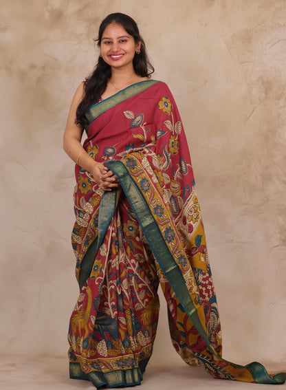 Magenta Floral Kalamkari Nizam Border Chennur Silk Saree | Looms & Tassels