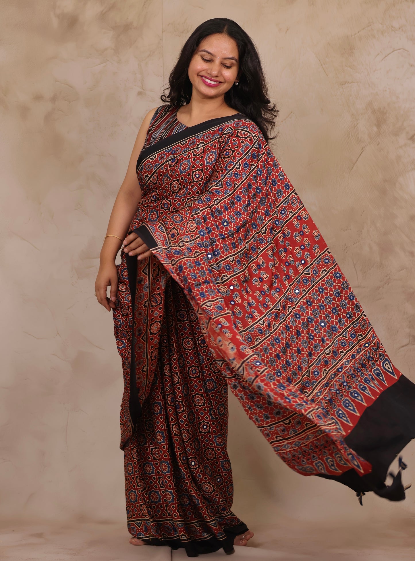 Red Handcrafted Ajrakh Modal Silk Saree with Authentic Banjara Mirror Work | Looms & Tassels