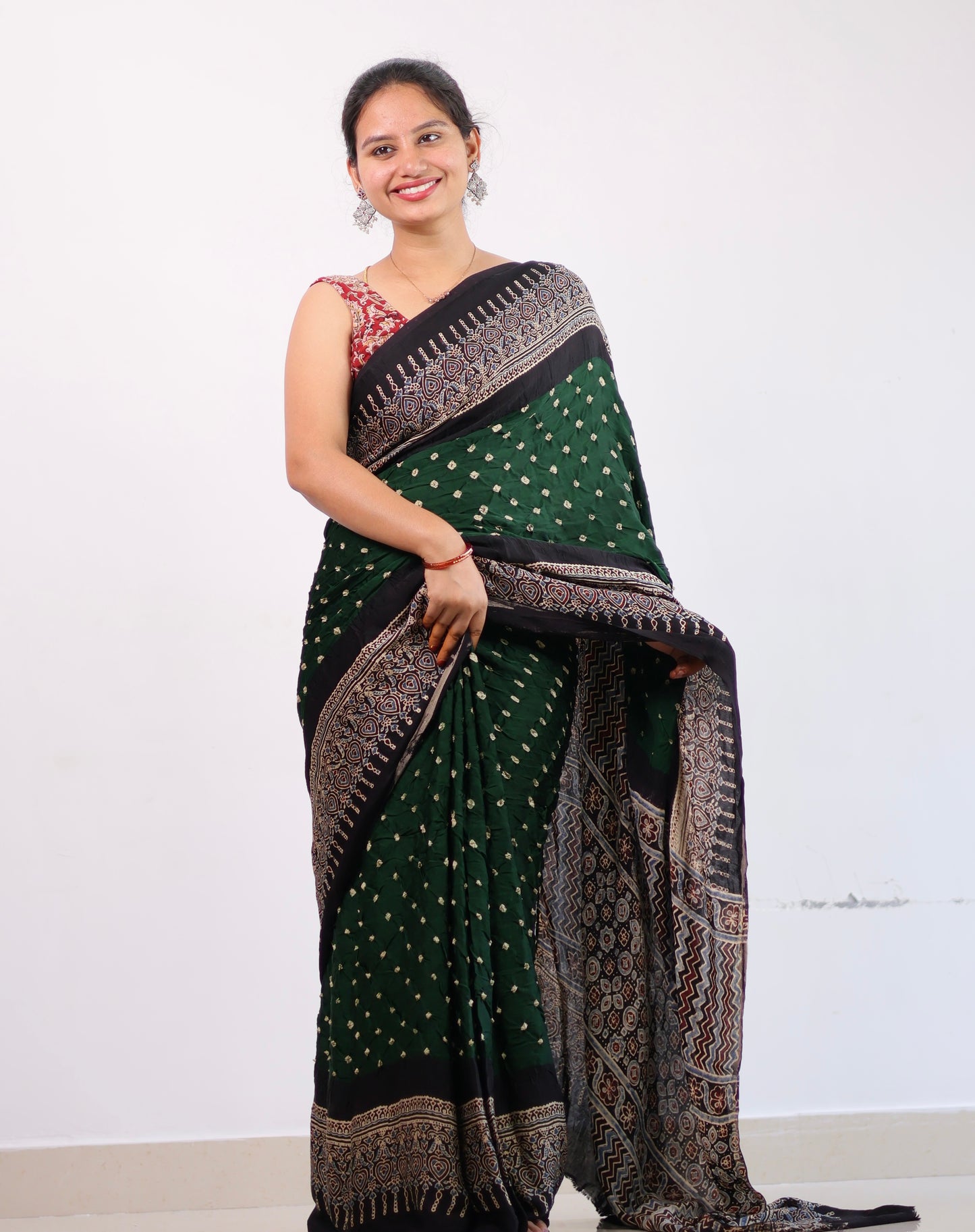 Green Ajrakh Bandhej Modal Silk Saree