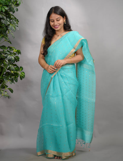 Ice Blue Handwoven Muslin Silk Saree With Sequence Work | Looms & Tassels