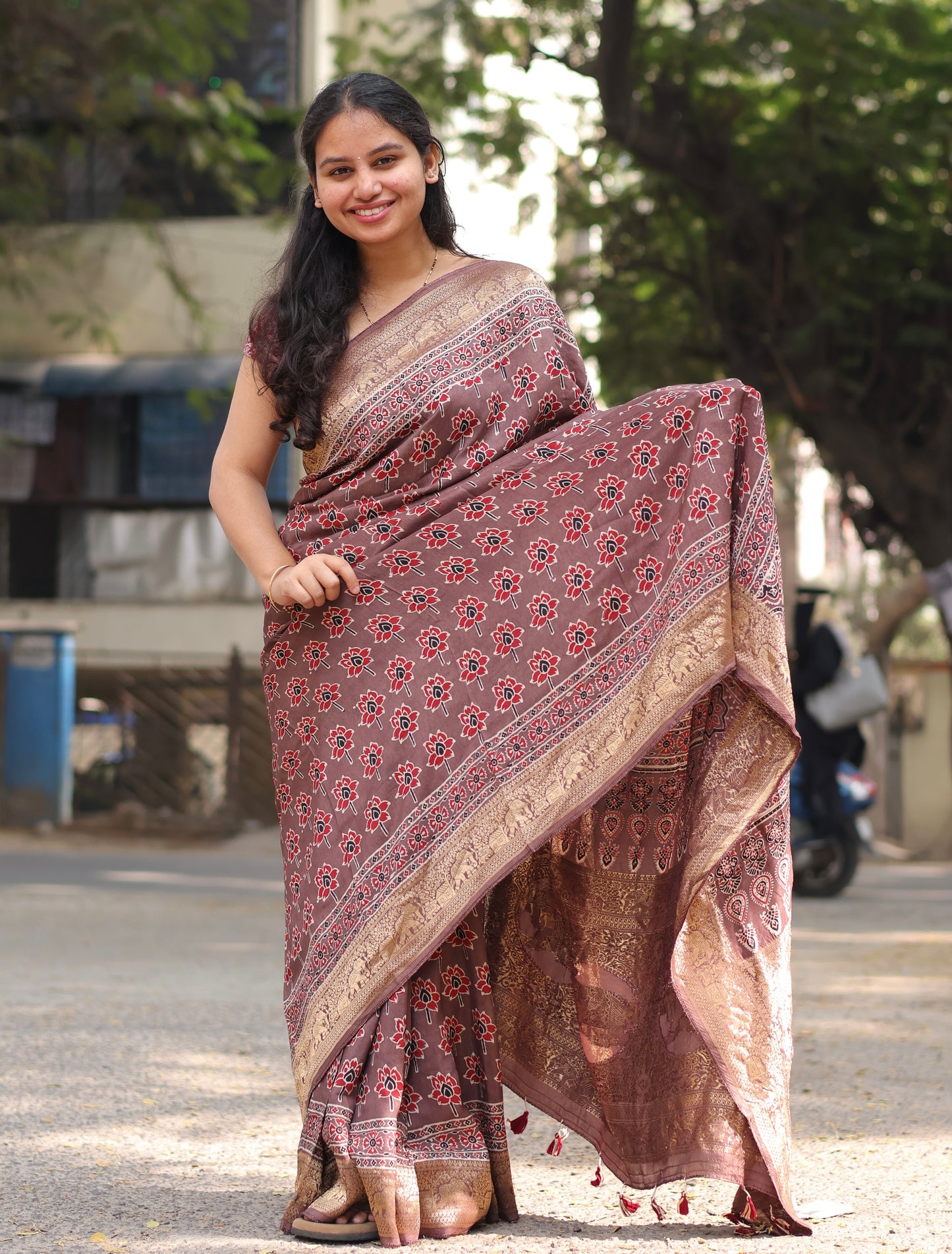 Lotus Butta Authentic Ajrakh Handblock Printed Dola Silk Saree | Looms & Tassels