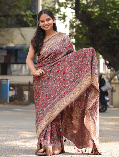 Lotus Butta Authentic Ajrakh Handblock Printed Dola Silk Saree | Looms & Tassels