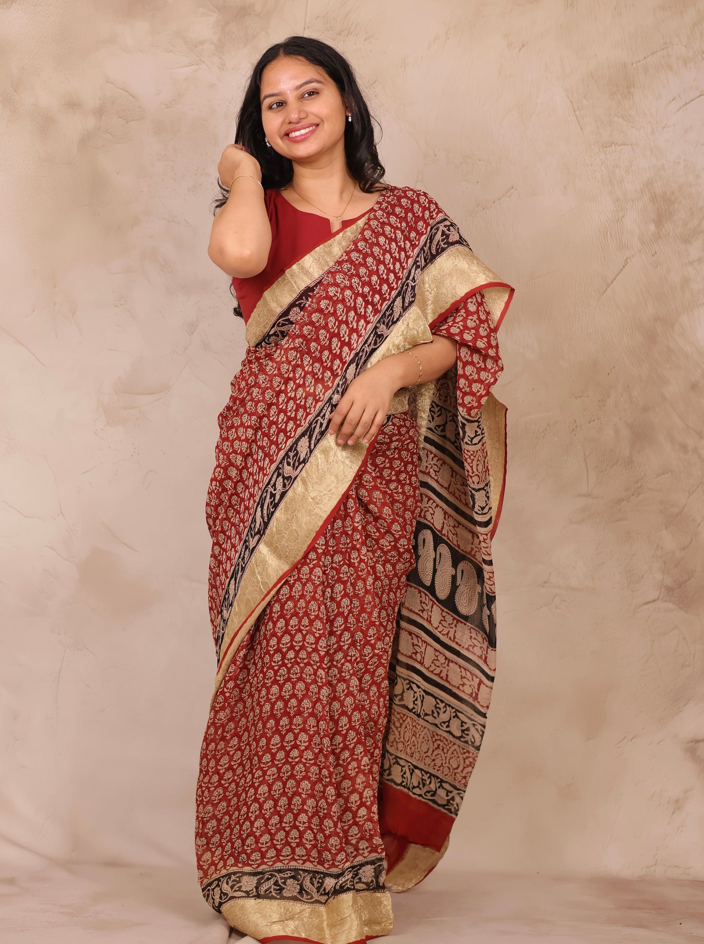 Maroon Chiffon Hand Block Printed Saree with Jari Border | Looms & Tassels