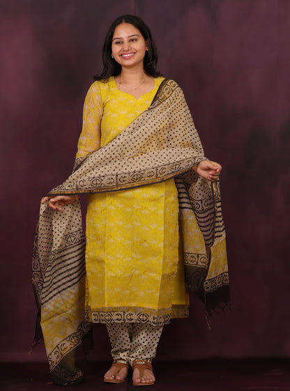 Yellow Handblock printed kota 3 piece suit (stitched)