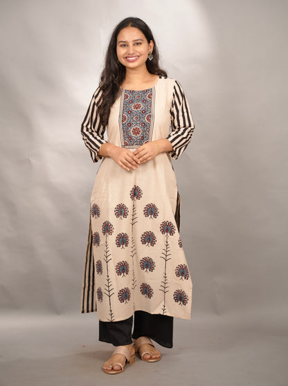 Cream Ajrakh Pattern Hand Block printed Kurti | Looms & Tassels