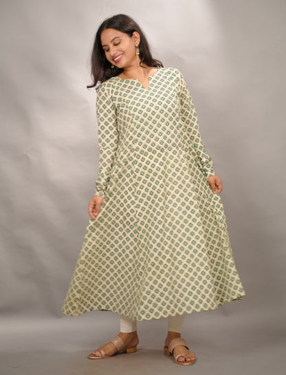 Cream Pure Mul Cotton Kali Kurta with Chudi Sleeves | Looms & Tassels