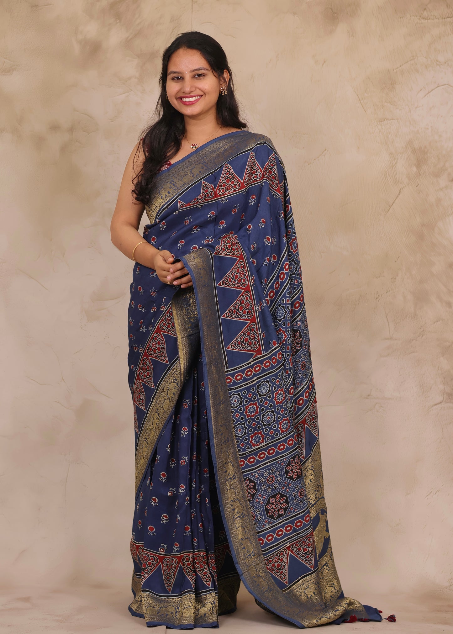 Indigo Floral Ajrakh Handblock printed Dola Silk Saree | Looms & Tassels