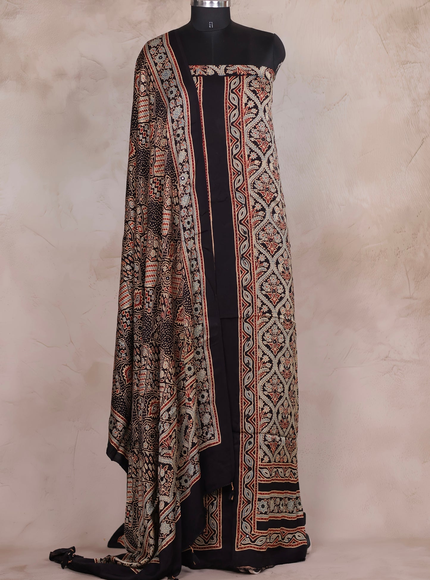 Mirror Work Black Ajrakh Handblock Printed Modal Silk 2 Piece Suit Set | Looms & Tassels