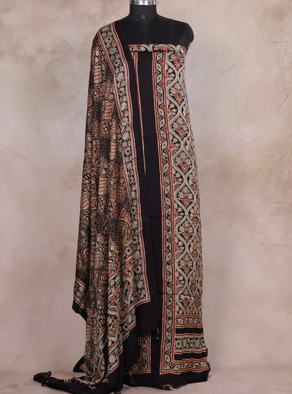 Mirror Work Black Ajrakh Handblock Printed Modal Silk 2 Piece Suit Set | Looms & Tassels