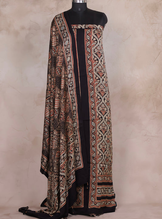 Mirror Work Black Ajrakh Handblock Printed Modal Silk 2 Piece Suit Set | Looms & Tassels