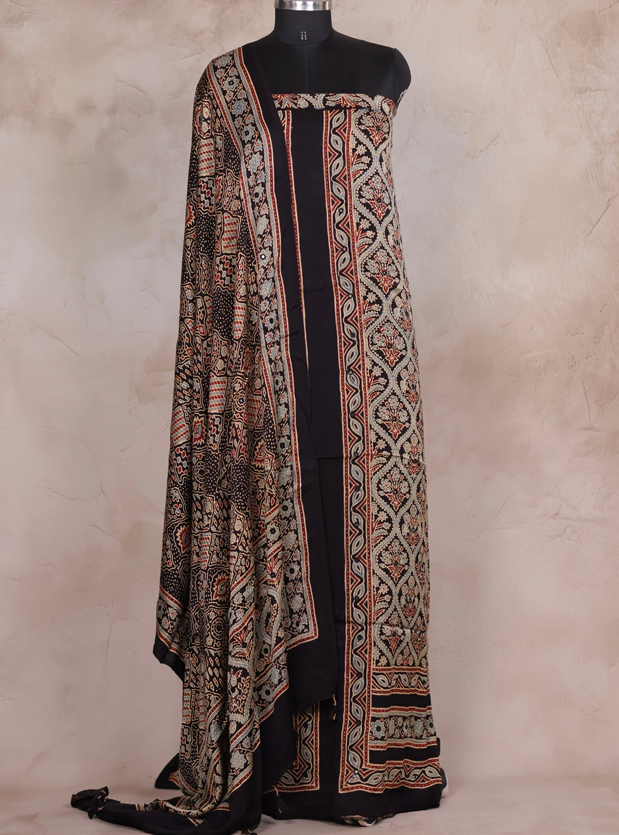 Mirror Work Black Ajrakh Handblock Printed Modal Silk 2 Piece Suit Set | Looms & Tassels