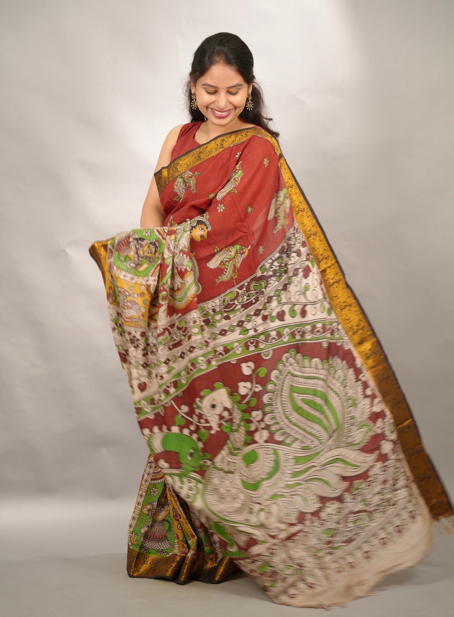Red Kanchi border Kalamkari chennur silk saree