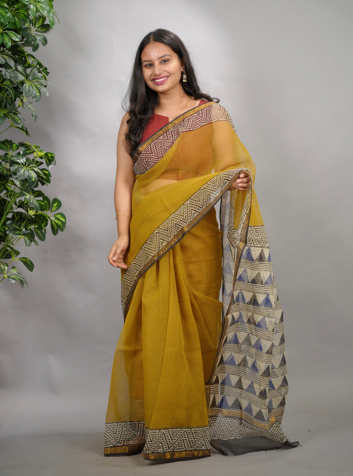 Mustard Pure Kota Doria Saree with Bagru Handblock Prints