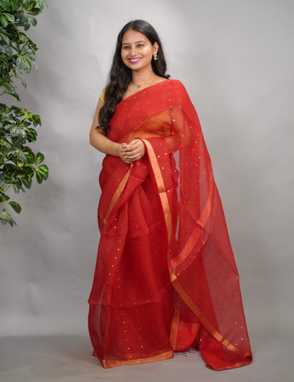 Red Handwoven Muslin Silk Saree With Sequence Work | Looms & Tassels