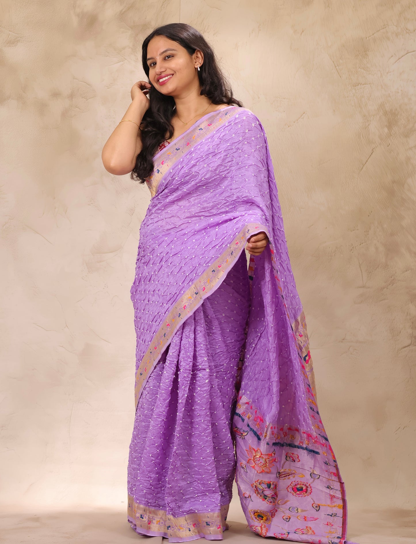 Pastel Lavender Handcrafted Bandhani Paithani Dola Silk Saree | Looms & Tassels