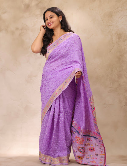 Pastel Lavender Handcrafted Bandhani Paithani Dola Silk Saree | Looms & Tassels