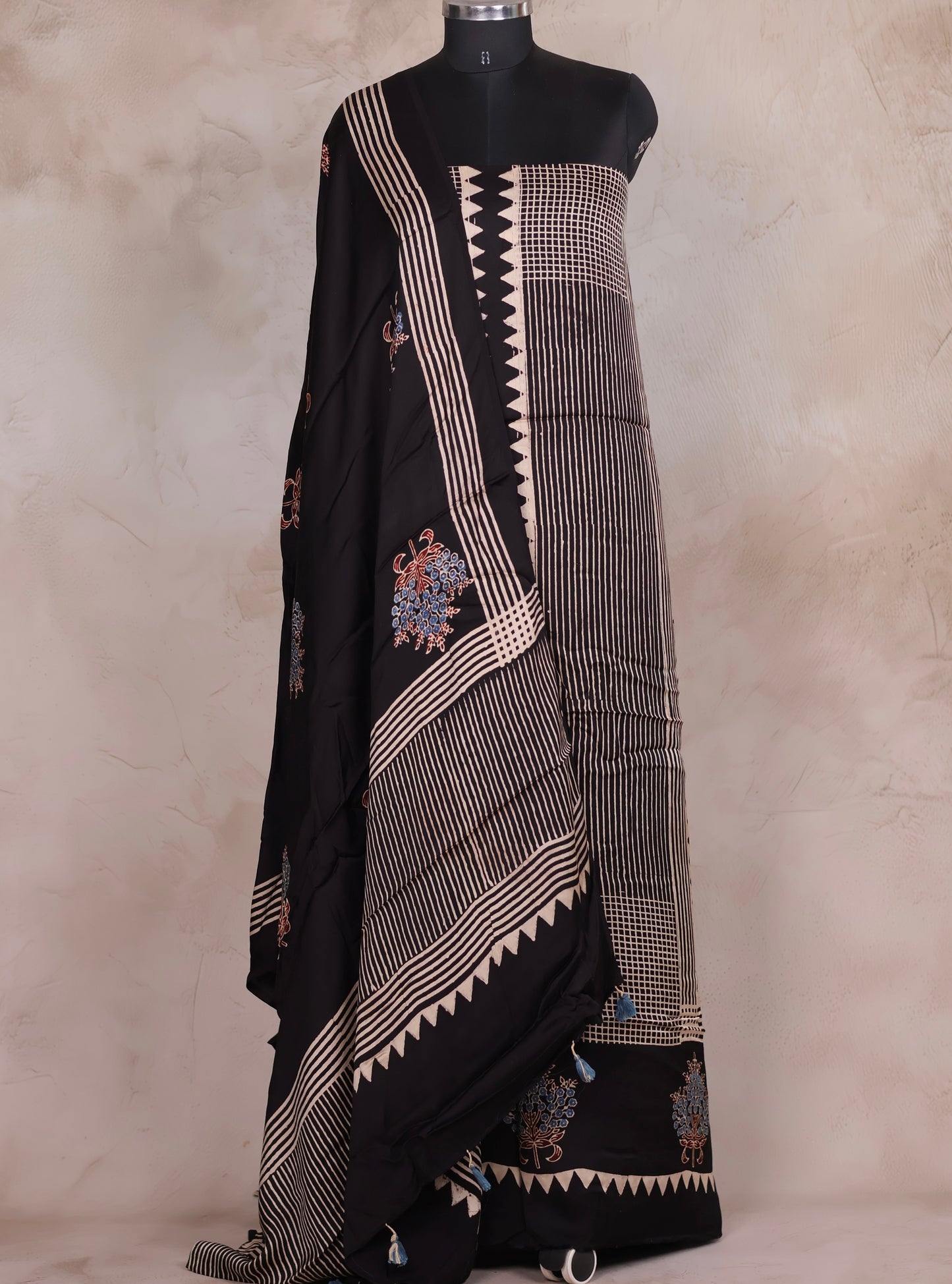 Black Ajrakh Handblock Printed Modal Silk 2 Piece Suit Set | Looms & Tassels