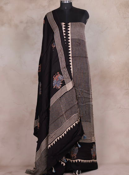 Black Ajrakh Handblock Printed Modal Silk 2 Piece Suit Set | Looms & Tassels