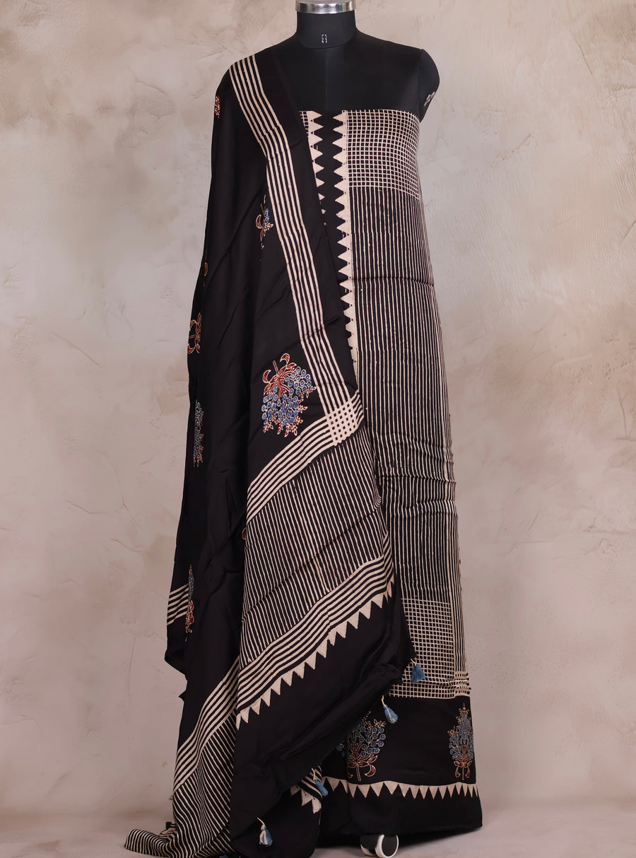 Black Ajrakh Handblock Printed Modal Silk 2 Piece Suit Set | Looms & Tassels