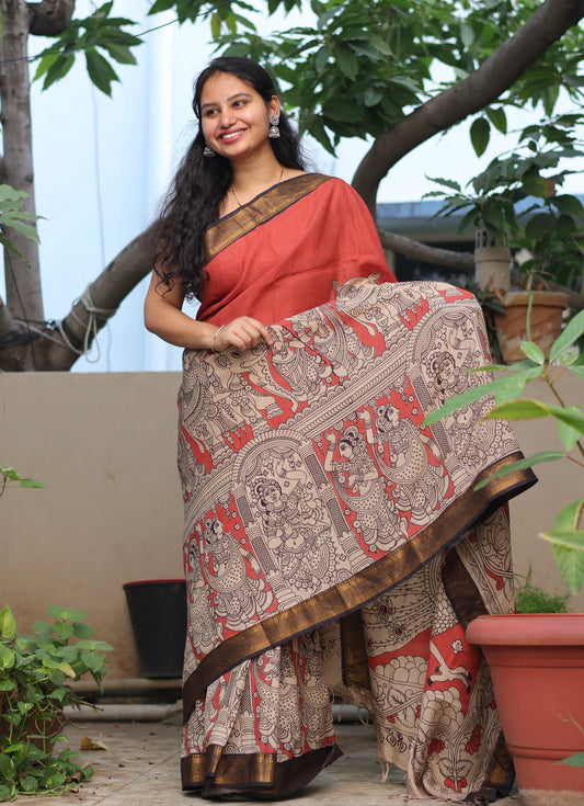 Rust Traditional Folks Kalamkari Silk Handcrafted Nizam Border Saree