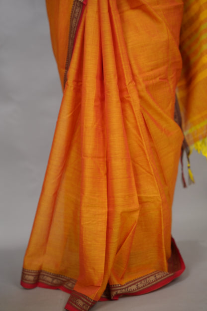 Festive Orange Narayanpet Cotton Saree | Looms & Tassels