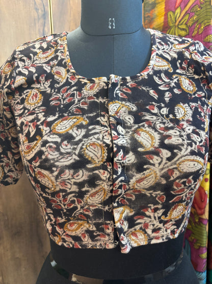 Black Round neck Stretchable Hand block printed kalamkari blouse with front hooks