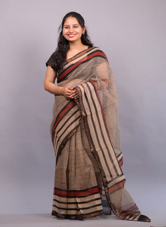 Pure Kota Doria Saree with Bagru Handblock Prints – Cream & Black | Looms&Tassels