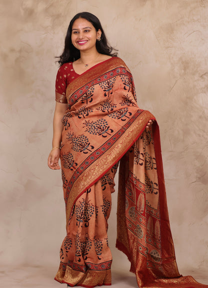 Onion Pink Ajrakh Handblock printed Dola Silk Saree | Looms & Tassels