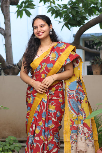 Red Lotus & Pichwai Kalamkari Silk Handcrafted Nizam Border Saree