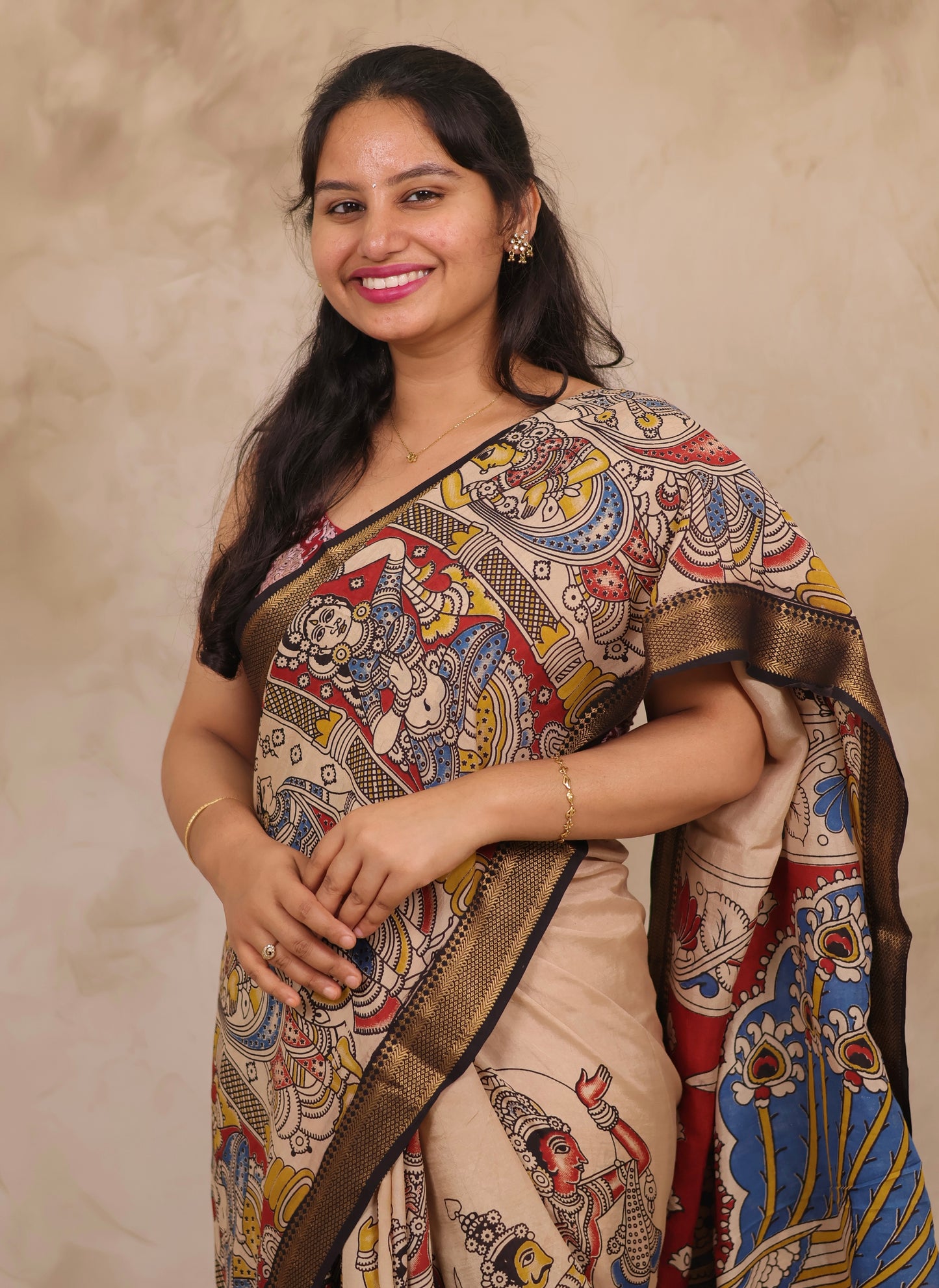 Cream Story Telling Kalamkari Nizam Border Chennur Silk Saree | Looms & Tassels