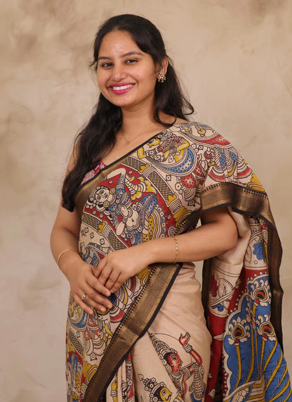 Cream Story Telling Kalamkari Nizam Border Chennur Silk Saree | Looms & Tassels