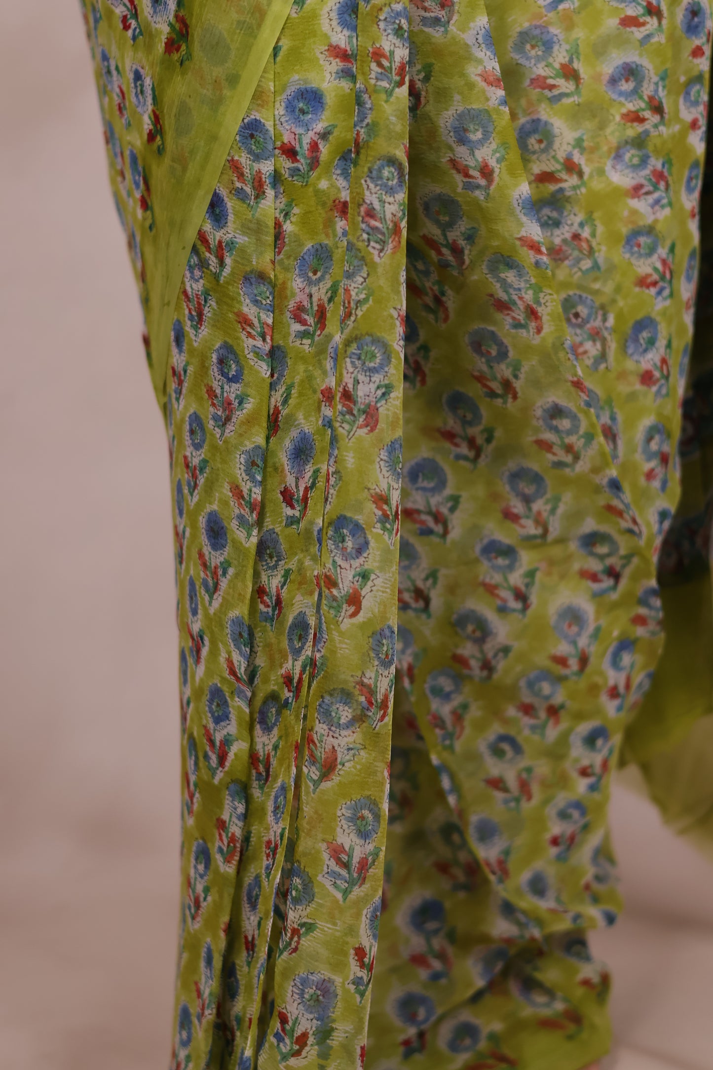 Green Chiffon Hand Block Printed Saree | Looms & Tassels