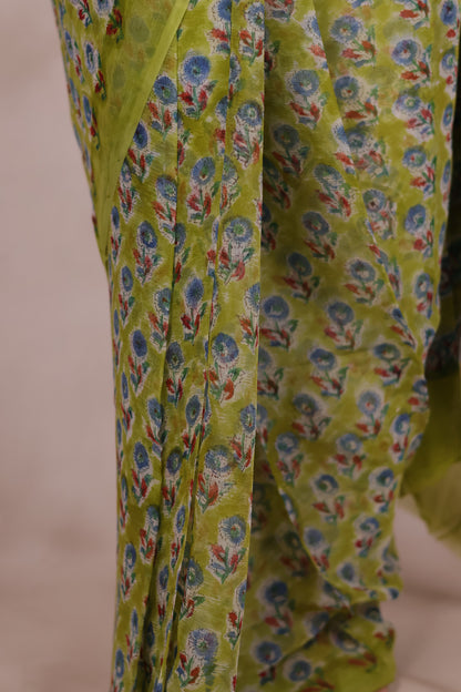 Green Chiffon Hand Block Printed Saree | Looms & Tassels