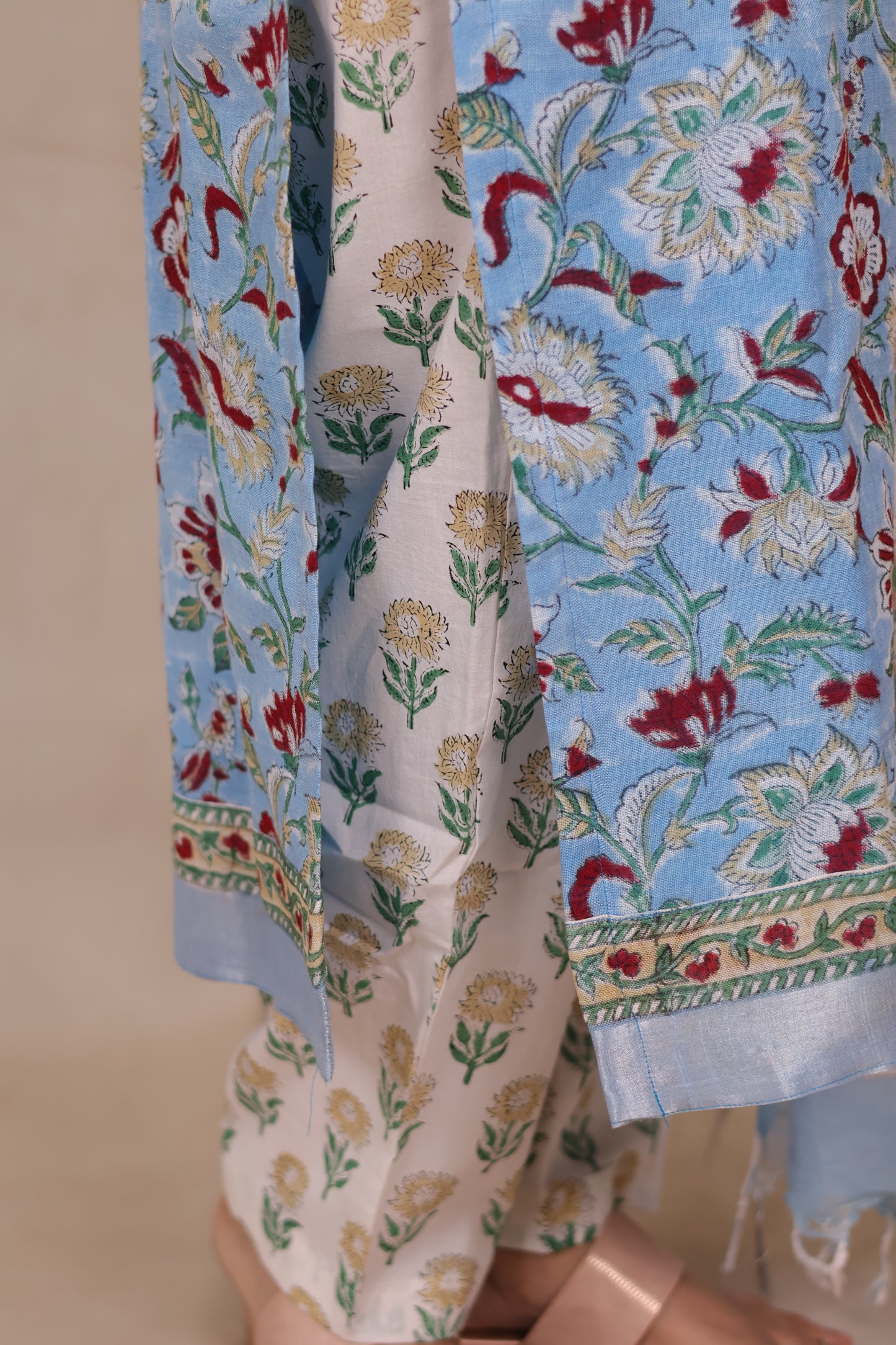 Sky Blue Linen Cotton Handblock printed 3 piece suit (stitched)