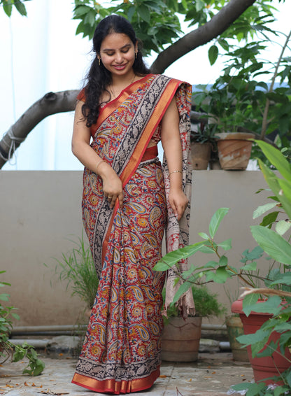 Hand Block Printed Kalamkari Nizam Border Silk Saree