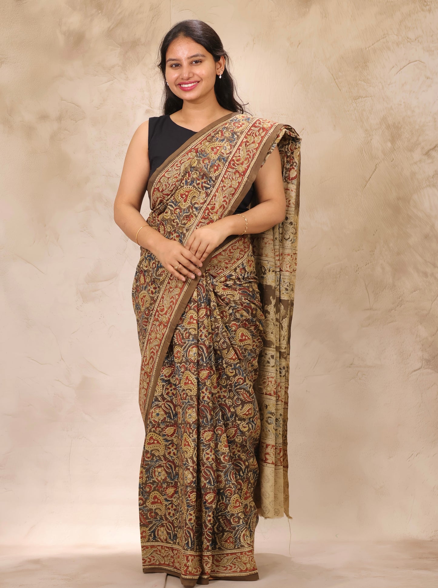 Mehndi Green Hand Block Printed Kalamkari Cotton Saree | Looms & Tassels