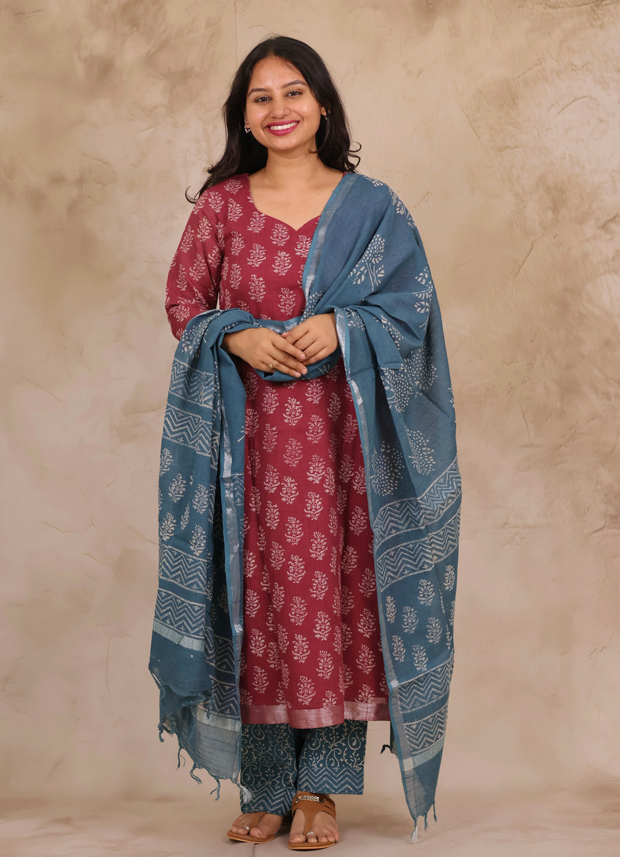 Dusty Rose Linen Cotton Handblock printed 3 piece suit (stitched)