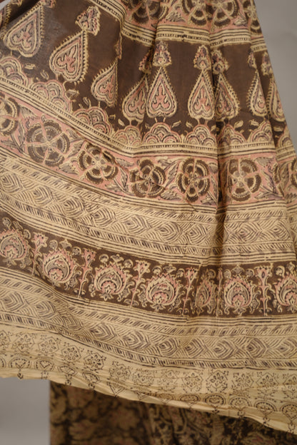 Mehendi Green Hand Block Printed Kalamkari Cotton Saree | Looms & Tassels