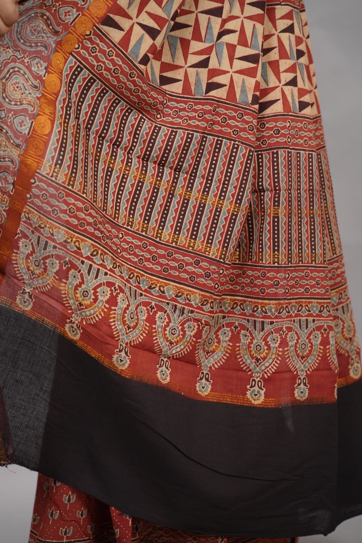 Rust Red Ajrakh Hand Block Printed Sungudi Cotton Saree | Looms & Tassels