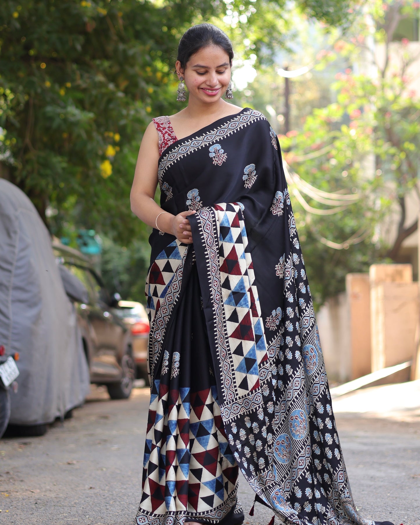 Black Geometrical & Floral Ajrakh Handblock Printed Modal Silk Saree | Looms & Tassels
