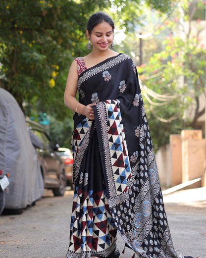 Black Geometrical & Floral Ajrakh Handblock Printed Modal Silk Saree | Looms & Tassels