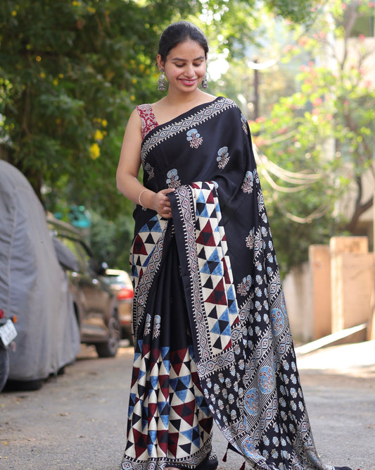 Black Geometrical & Floral Ajrakh Handblock Printed Modal Silk Saree | Looms & Tassels