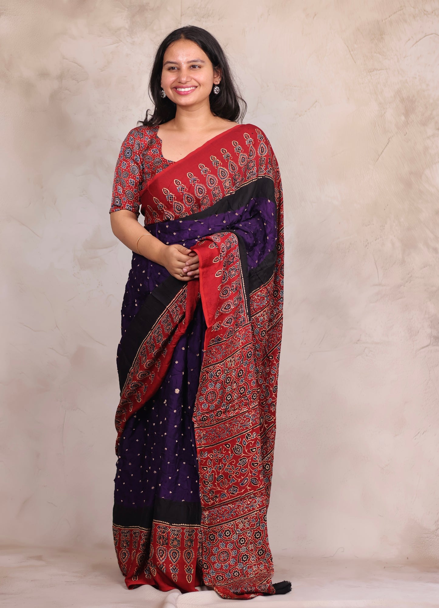 Purple Hand Knotted Ajrakh Bandhej Modal Silk Saree | Looms & Tassels